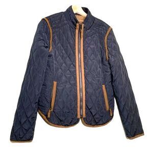 Zara Basic Womens Quilted Jacket Blue Zip Up Pockets Mock Neck Lined L